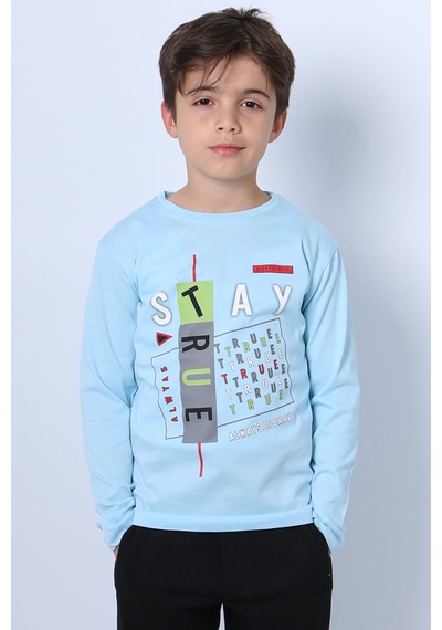 Hçm Erkek Çocuk Uzun Kollu Tshirt Stay True Baskılı Bisiklet Yaka E29 Turkuaz