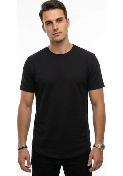 Plus Scorpion Erkek Slim Fit Basic Tişört Esnek, Terletmeyen Pike Dokulu Kumaş Siyah