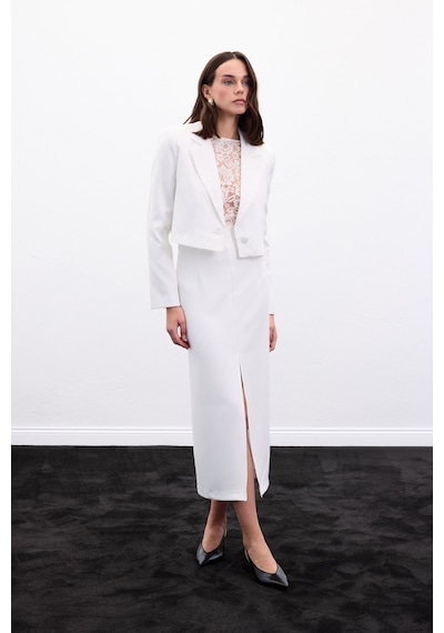 Sateen Yırtmaçlı Midi Etek - Ekru-136987 Ekru