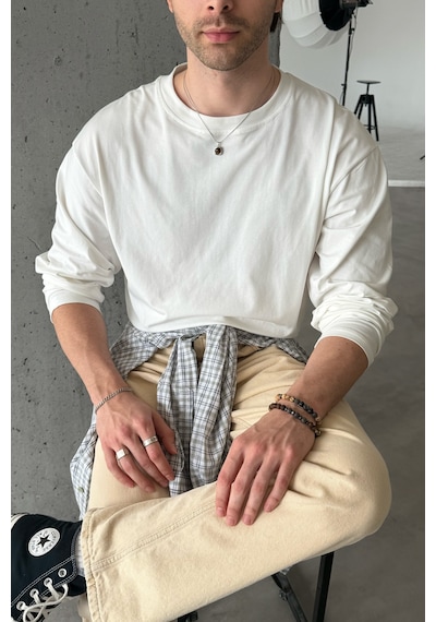 Erkek Oversize Uzun Kollu Basic T-shirt Beyaz