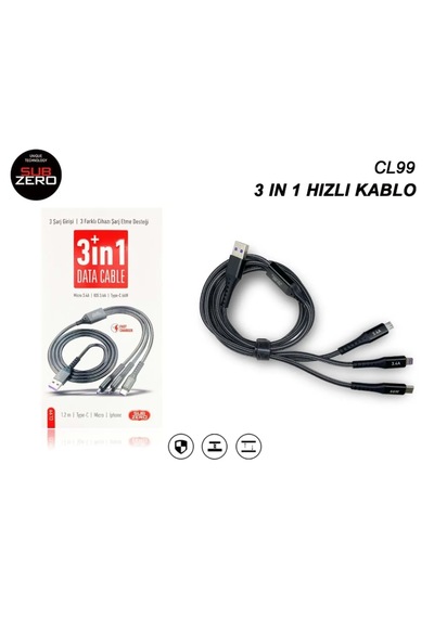 Subzero Cl99 3in1 Şarj Kablosu 66w Salise Gösterir Siyah