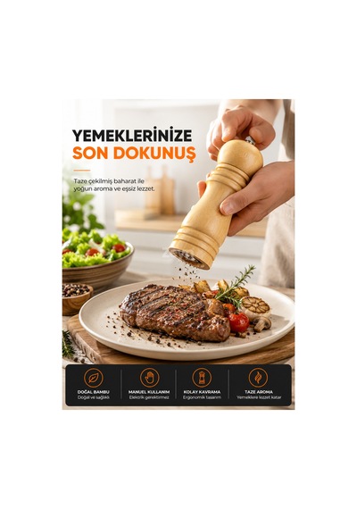 Bambu Ahşap Manuel Baharat Değirmeni Seramik Öğütme Mekanizmalı Karabiber, Kaya Tuzu Ve Taneli Baharat Öğütücü 16 Cm