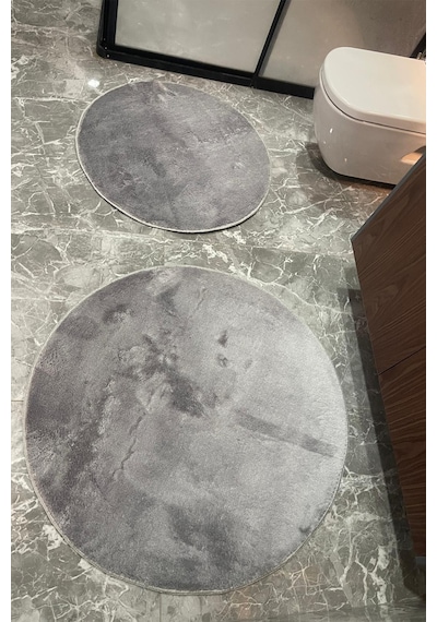 2li Yuvarlak Banyo Paspası Klozet Seti Takımı 80x80 Ve 100x100 Gri