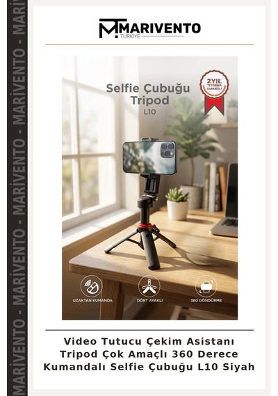 Video Tutucu Çekim Asistanı Tripod Çok Amaçlı 360 Derece Kumandalı Selfie Çubuğu L10 Siyah