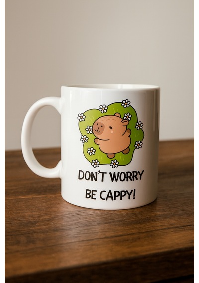 Don T Worry Be Cappy Tasarım Kupa Model 231 Sevimli Kapibara Baskılı Seramik Kahve Kupası Çok Renkli