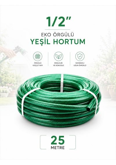 Beylini 1/2" 25 Metre Örgülü Bahçe Hortumu Balkon Bahçe Sulama Temizlik Araç Yıkama Su Hortumu Dolanmaz Kırılmaz Yeşil