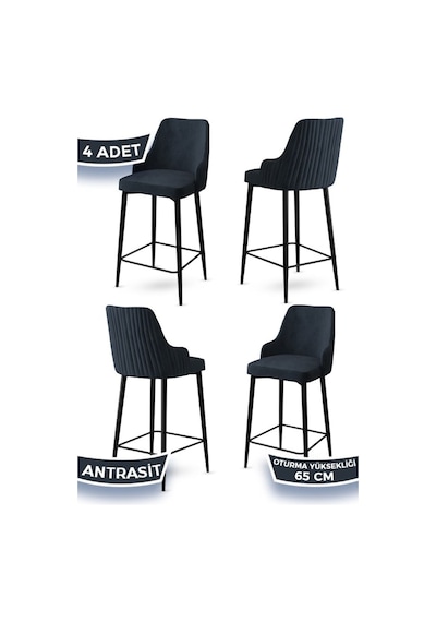 Canisa Tera Serisi 4 Antrasit Sandalye 65 Cm Ada Mutfak Bar Sandalyesi Babyface Kumaş Siyah Metal Ayaklı Sandalyeler Antrasit Ayaklar Siyah