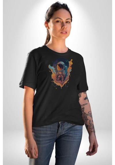 Bulutlar Astronot Uzay Unisex Unisex Siyah Organik Baskılı T-shirt Penye Yüksek Kalite Siyah