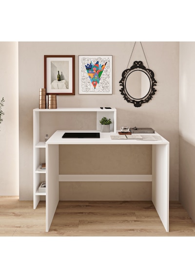 Amber Çalışma Masası Raflı, Modern Bilgisayar Masası Beyaz