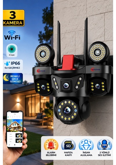 Esvision Es-9003 3 Lensli 9mp Akıllı Wifi Ptz Kamera Gece Görüşlü Güvenlik Kamerası