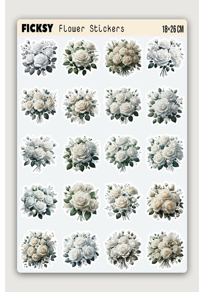 Beyaz Gül Çiçek Sticker Seti - 20 Adet Etiket Çıkartma Diğer
