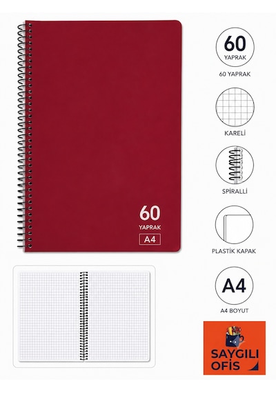 Saygılıofis 60 Yaprak A4 Spiralli Pp Kapak Kareli Defter Kırmızı