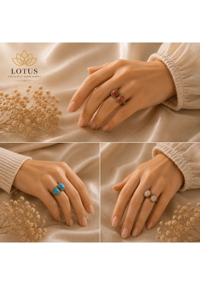 Premium Doğal Taşlı Bronz Yüzük Koleksiyonu Aventurin, Firuze & Lapis Lazuli Tasarım Yüzük Pembe