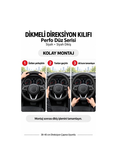 Trobus Audi A6 2019-2025 Uyumlu Dikmeli Direksiyon Kılıfı Perfo Düz Siyah Siyah Dikiş Siyah - Siyah Dikiş