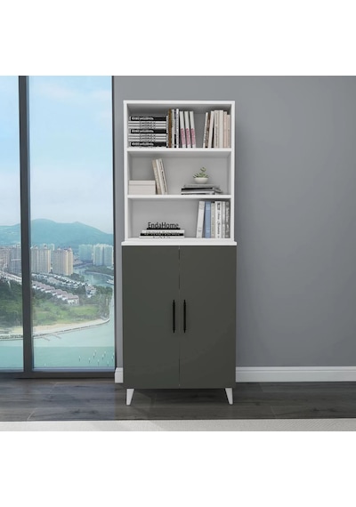 Reyo Home Enda Oras 6 Raflı Kapaklı Kitaplık Antrasit- Beyaz