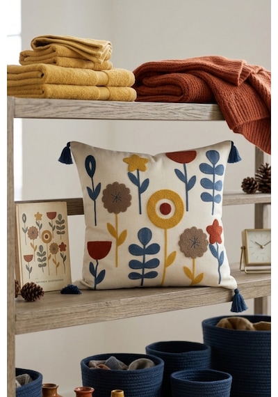 Modern Bahçe Renkli Çiçek Motifli Punch Nakışlı Püsküllü Pamuk Kırlent Kılıfı 42x42 Cm Mavi