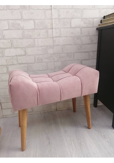 Pudra Rengi Puf Ahşap Ayak Çima Dikiş Spor Modern Tasarım