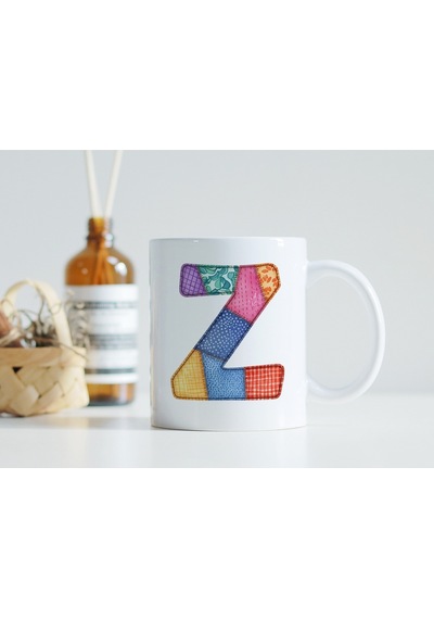 Z Harfi Renkli Yamalı Tasarım Kupa Bardak - Bohem Patchwork Desenli Kupa - Etnik Hediyelik Beyaz