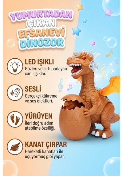 Işıklı Sesli Yürüyen Hareketli Kanatlı Sürpriz Yumurtalı Elektronik Dinazor Oyuncak 30 Cm