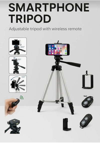 Tripod Profesyonel Fotoğraf Video Çekimi Kumandalı Telefon Tutucu Işıklı Ledli Gri
