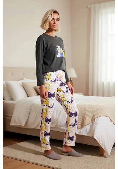 Benerly Kadın Bisiklet Yaka Uzun Kol Regular Kalıp Pijama Takımı Fonksiyo Antrasit