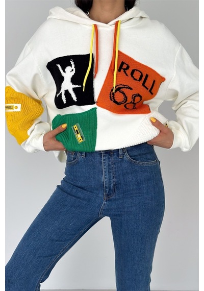 Femelle Kadın Beyaz Yeni Sezon Tasarım Oversize Kapüşonlu Sweatshirt