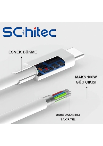 6a 100w Type-c To Type-c Hızlı Data Ve Süper Şarj Kablosu 3 Metre Beyaz Sx30 Standart