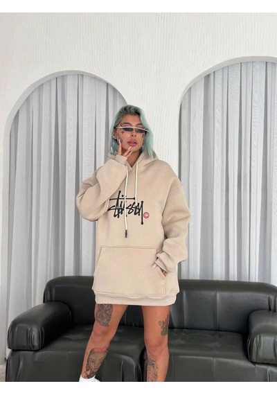 Kadın Oversize Kapüşonlu Cepli Baskılı 3 İplik Pamuklu Hoodie Sweatshirt - Bej