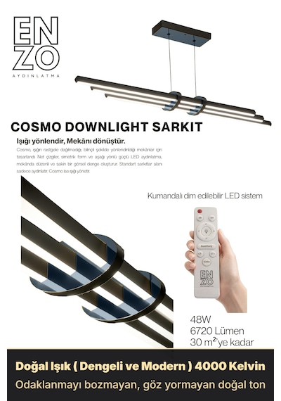 Cosmo Füme Işık Lineer Led Sarkıt Avize Kumandalı Dim Edilir Aşağı Işık Doğal Işık