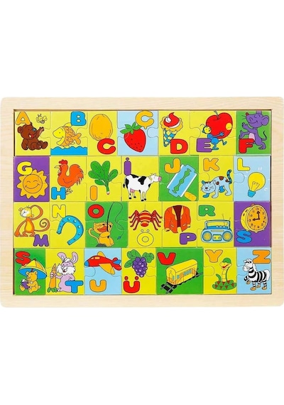 Woody Ahşap Resimli Alfabe Puzzle Eğitici Ve Zeka Geliştiren Oyuncak