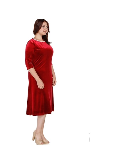 Ndya Moda Büyük Beden Inci Yaka Elbise-4074K Kırmızı