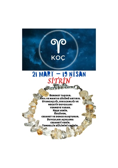 Gümüştel El Sanatları Sertifikalı Burç Taşı Koç Burcu Sitrin Taşı Bileklik Sarı