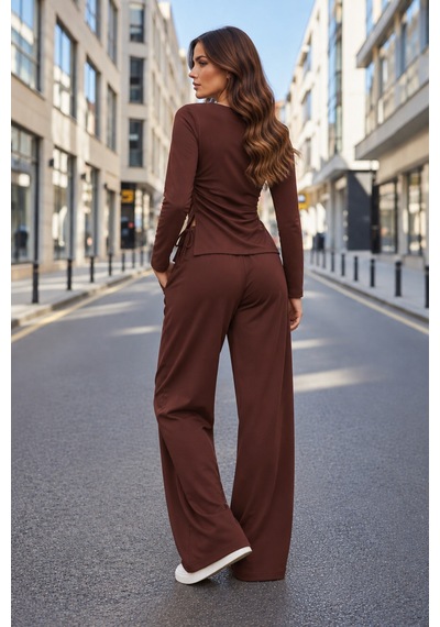 Moda Banuş Modal Kumaş Bol Paça Eşofman Takımı Kahverengi Bej Bej