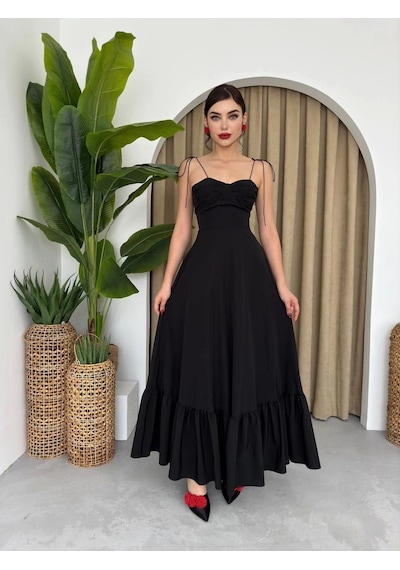Defymoda Elia İp Askılı Elbise Siyah