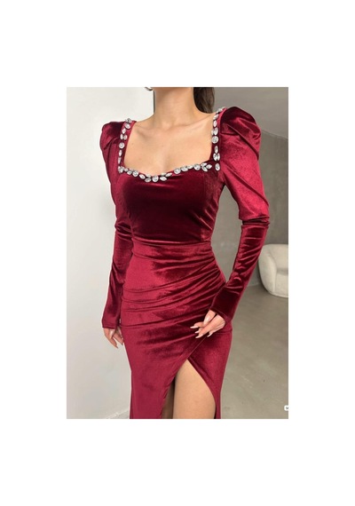 DefyModa Kadın Hediyelik Kare Yaka Taş Detaylı Uzun Kollu Abiye Elbise Bordo