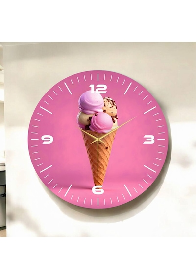 Pembe Renkli Baskı Dondurma Desenli Sayılı Hediyelik Ahşap Sessiz Duvar Saati 50cm ÇOk Renkli