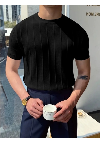 Erkek Yuvarlak Yaka Örme T-shirt Füme