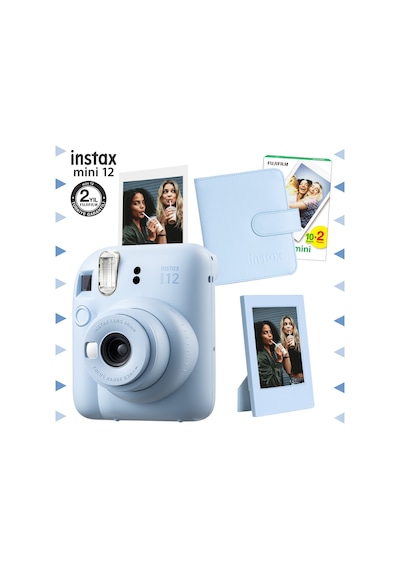 Fujifilm Instax Mini 12 Fotoğraf Makinesi + 20'li Film + Çerçeve + Kare Albüm Seti Mavi