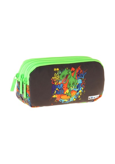 Kaukko Kids Street Dinazor Baskılı Siyah - Yeşil Erkek Çocuk Okul Kalemliği Kalem Çantası - L5416 Çok Renkli