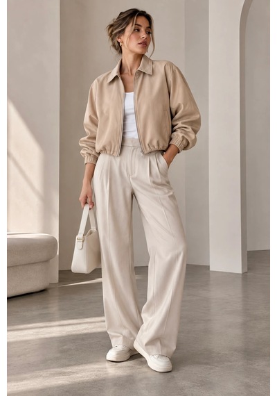 Bb Butik Basic Mevsimlik Fermuarlı Bomber Ceket Oversize Rahat Kalıp Fs3434 krem