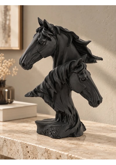 Horses İkili At Büstü Dekoratif Biblo Siyah 17 10 23 Cm