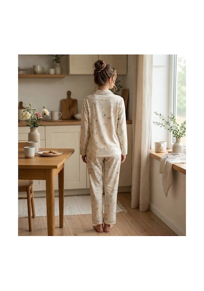 Pijamoni Kadın Premium Milan Kumaş Gömlek Yaka Uzun Kollu Pijama Takımı Desenli Sarı