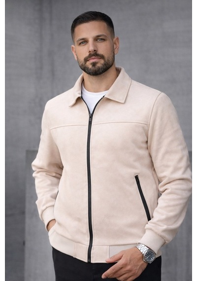 Baselco Basic Slim Fit Polo Yaka Süet Ceket Krem