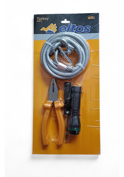 Eltos Trafik Oto Araç Seti 180 Mm Çelik Pense Çelik Çekme Halatı Çift Uçlu Tornavida Ve Zoomlu Cep Feneri