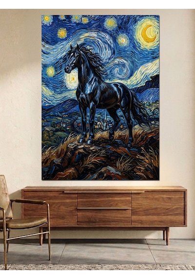 Van Gogh Tarzı Siyah At Yıldızlı Gece Dekoratif Kanvas - Mdf Ahşap Tablo Çok Renkli