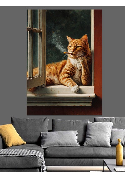Ahşap Tablo Pencere Önünde Kedi Manzara