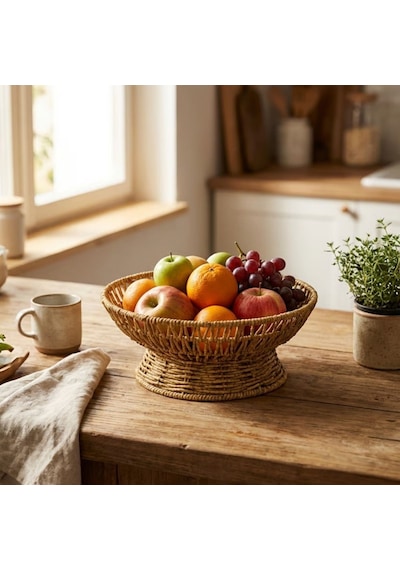 Buffer 25 Cm Plastik Rattan Servis Çanağı Doğal Hasır Görünümlü Dekoratif Meyve, Ekme Çok Renkli