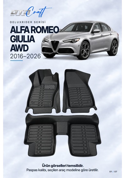 Otocraft Alfa Romeo Giulia Awd 2016-2026 Araca Özel Deluxrider Lüks Havuzlu Paspas Tam Set 3 Parça