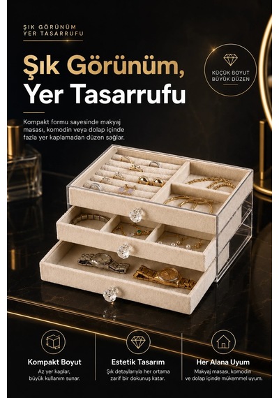 Orehome 3 Çekmeceli Kadife Takı Düzenleyici - Şeffaf Akrilik Kristal Kulplu Mücevher Ve Saat Kutusu