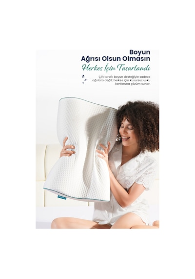 Yüksek Çift Boyun Destekli Ortopedik Visco Yastık 60x40x14-12cm Beyaz